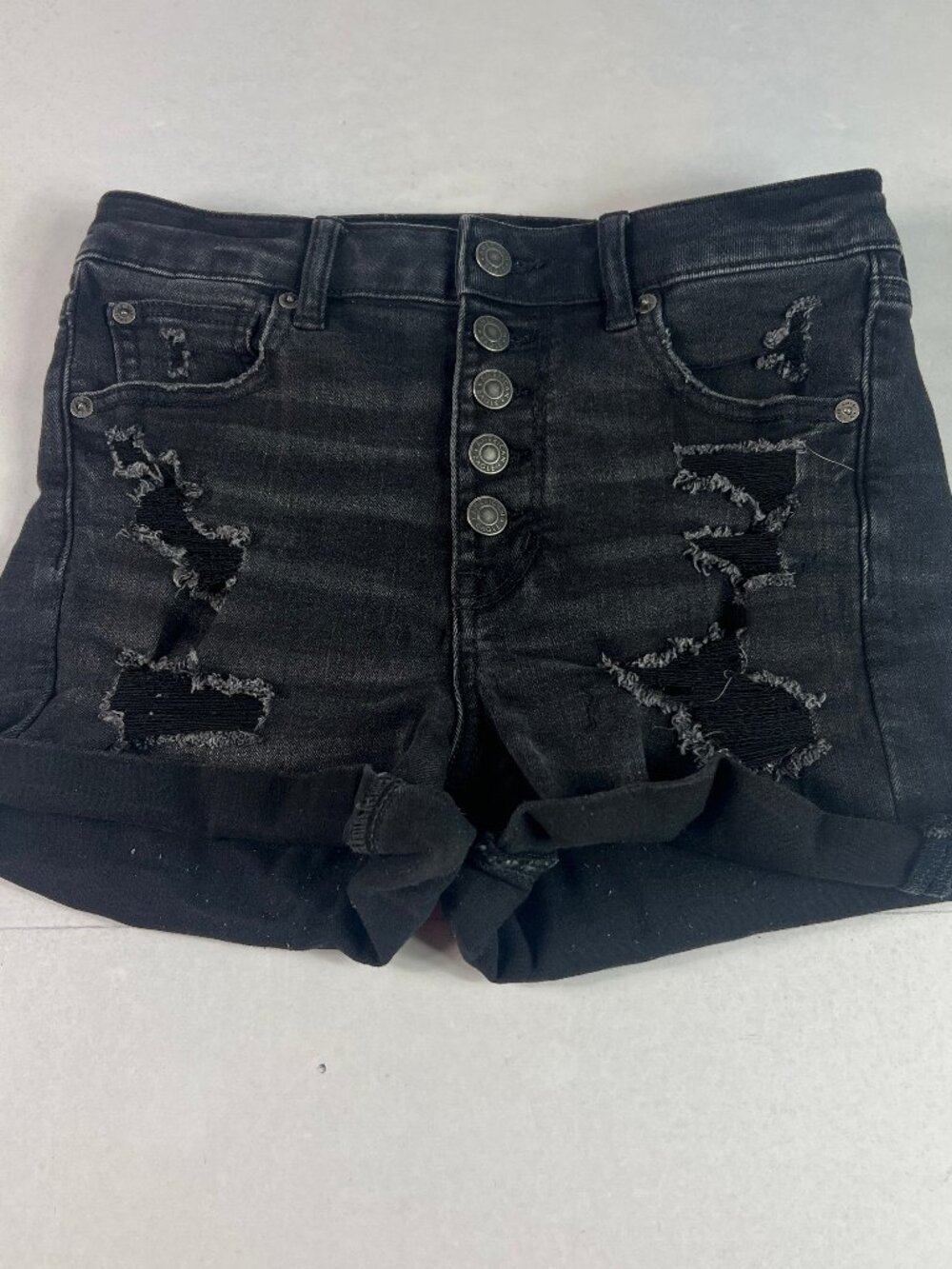 American Eagle Shorts Women's 27* High Rise Shortie Black Distressed Denim Tag 4